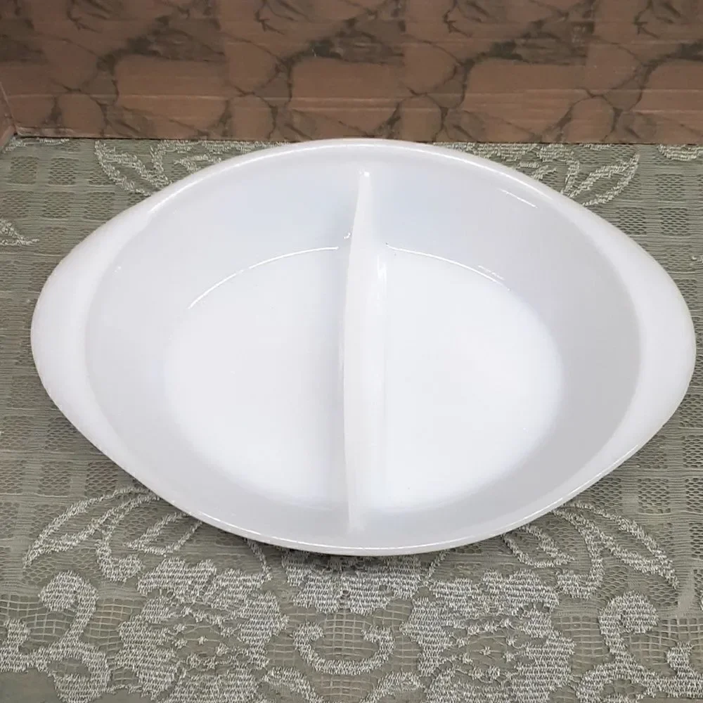 Vintage Glasbake White Milk Glass Blue Thistle Oval Divided Casserole Dish J2352